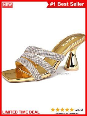 Square Toe Rhinestone Mules Sandals Block Heel Slip On Women Shoes